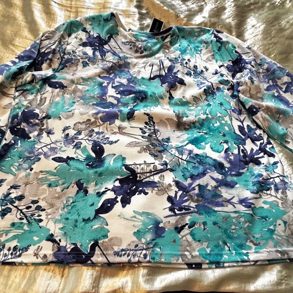 TOP, COTTON BLEND, BLUE/TURQUOISE/GREY, SIZE 3X, ROUND NECK, LONG SLEEVES, KAREN - Picture 8 of 8